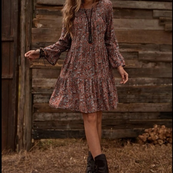 Country Cottage Ditsy Floral Flounce Sleeved Western Smock Dress New 👢 - Picture 4 of 4